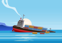 Shipwreck Of Cargo Ship In Ocean, Vessel Going Under Water And Goods Containers. Marine Transport Crash, Vector