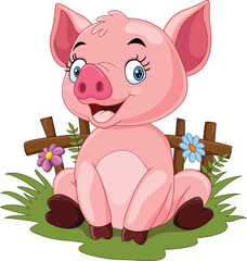 Wall Mural - Cartoon baby pig sitting in the grass