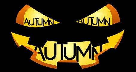 Poster - Animated Yellow Jack O' Lantern carved face with Autumn text in its mouth. Halloween, Holiday cartoon background.