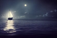 Sailboat In Sea Under Moon Light Beautiful Night Seascape