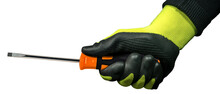 Manual Worker With Black And Green Protective Work Gloves Holding A Flat Head Screwdriver With Black And Orange Plastic Handle. Isolated On White Or Transparent Background, Png.