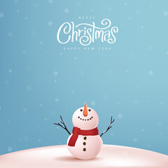 Christmas and happy new year greeting card with copy-space and Cute snowman standing in winter christmas landscape snow falling