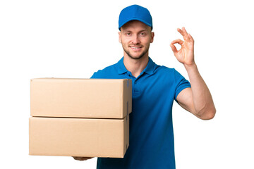 Wall Mural - Delivery caucasian man over isolated background showing ok sign with fingers