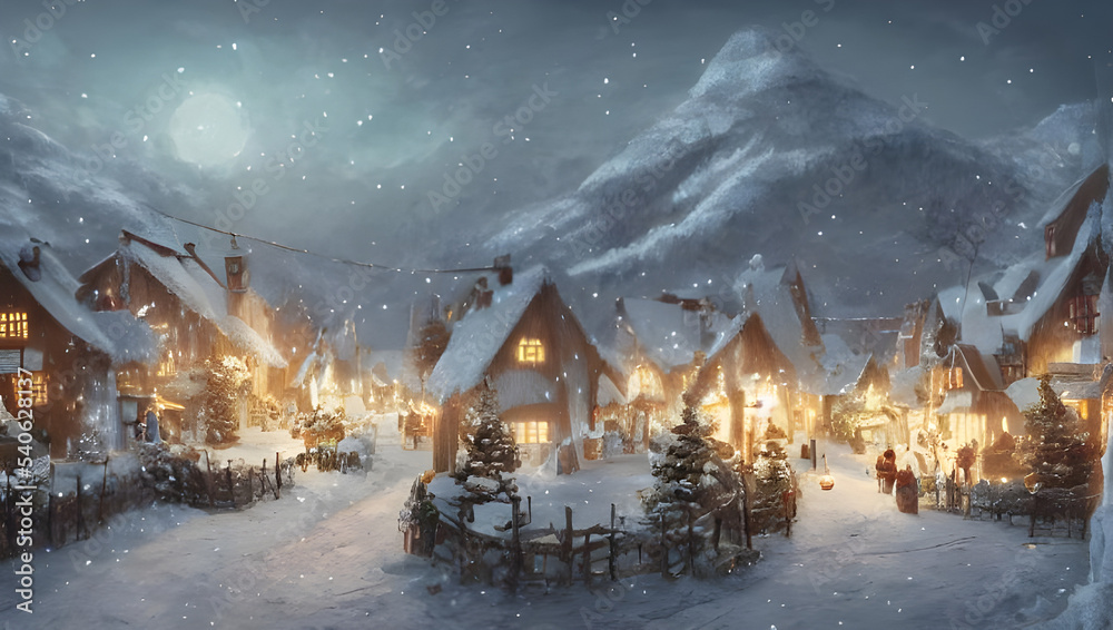 winter landscape in the mountains with a small village at night in the ...