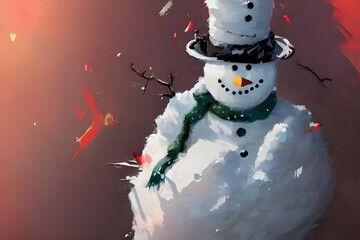 Wall Mural - portrait of a happy snowman with hat and scarf in the snow - illustration