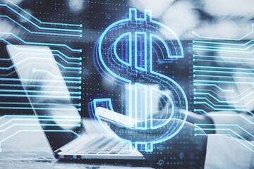 Aufkleber - Close up of businessman hand using laptop keyboard and cellphone with glowing dollar hologram on blurry background. Money, banking app and finance concept. Double exposure.