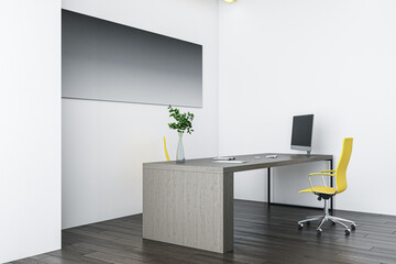 Aufkleber - Contemporary concrete and wooden stylish designer office interior with furniture, supplies, laptop, decorative plant and mock up poster on wall. 3D Rendering.