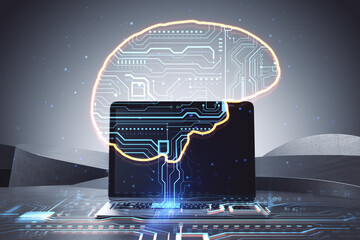 Leinwandbilder - Artificial intelligence and futuristic innovations concept with digital human brain with circuit inside connected to modern laptop, double exposure