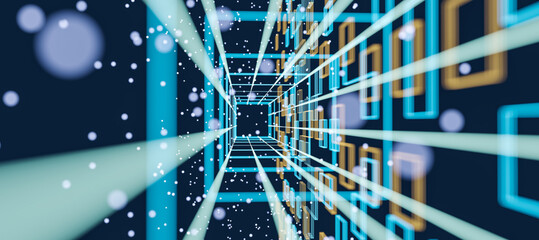 Poster - Abstract background with perspective view effect of bright and blurred dots and blue squares on dark backdrop. 3D rendering