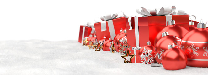 isolated glossy christmas decoration lined up on white. 3d rendering red shiny baubles ornaments. gi