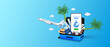 Travel equipment in luggage yellow and touch screen smartphone. Booking plane ticket for app online on mobile. Banner for making advertising media about tourism. Travel transport concept. 3D Vector.