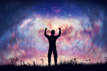 Wall Mural - Happy man with hands up on night sky with nebula and stars