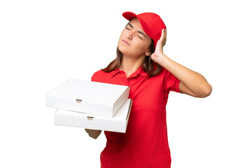 Wall Mural - Pizza delivery caucasian woman with work uniform picking up pizza boxes isolated on green chroma background with headache