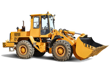 Heavy front loader or bulldozer on a white isolated background. construction machinery. Transportation and movement of bulk materials. Large bucket for earth, sand and gravel.