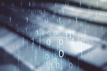 Aufkleber - Abstract virtual binary code illustration on blurry abstract metal background. Big data and coding concept. Multiexposure