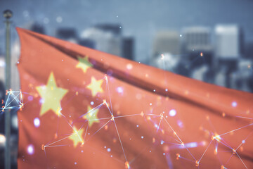 Poster - Abstract virtual wireless technology hologram on flag of China and blurry cityscape background. Big data and database concept. Multiexposure