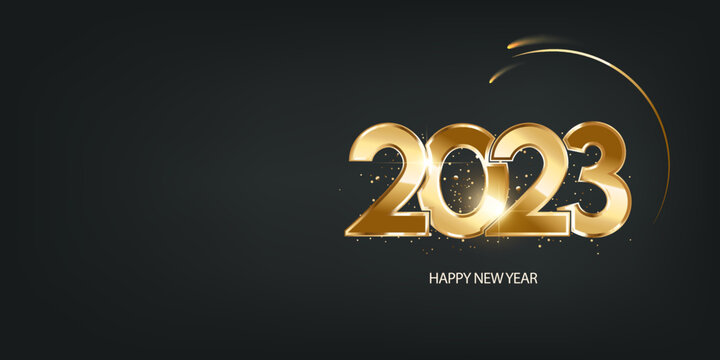 Happy new year 2023 background. Shiny golden numbers with confetti on black background.Holiday greeting card design. 