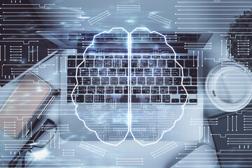 Aufkleber - Multi exposure of brain sketch hologram over topview work table background with computer. Concept of big data.