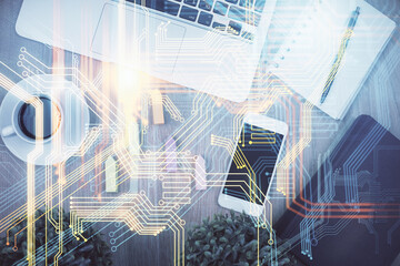 Poster - Double exposure of map hologram drawing over desktop. Top view. International connection concept.