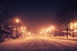 Winter snowy small cozy street with lights in houses, falling snow town night landscape.