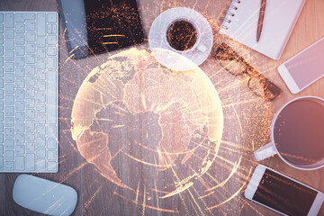 Poster - Double exposure of social network theme drawing over table with phone. Top view. People connecting concept.