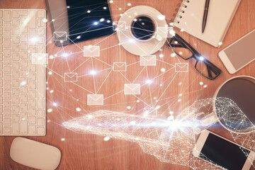 Poster - Multi exposure of envelop technology theme drawing over table with phone. Top view. Concept of electronic mail.