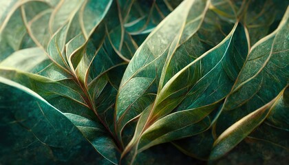 Wall Mural - gold and green tropical leaves pattern on rough beige fabric closeup. palm leaves, gold, black. exot