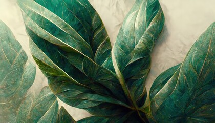 Poster - Gold and green tropical leaves pattern on rough beige fabric closeup. Palm leaves, gold, black. Exotic decor of material for sewing. Floral style, 3d artwork