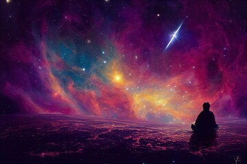 Wall Mural - alone_man_middle_watching_galaxy_space_imagine_Abs generative ai