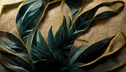 Sticker - Gold and green tropical leaves pattern on rough beige fabric closeup. Palm leaves, gold, black. Exotic decor of material for sewing. Floral style, 3d artwork