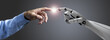 Robot touching human hand on grey background. 3d rendering. Artificial intelligence, machine learning concept.