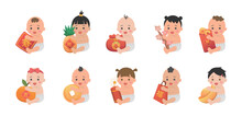 Set Of Happy And Cute Babies Or Toddlers With Elements Of Chinese New Year, Red Paper Bag With Gold Coins And Gold Ingots, Chinese Translation: Money And Spring