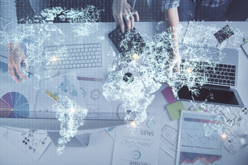 Aufkleber - Double exposure of man and woman working together and social network theme hologram drawing. People connection concept. Computer background.