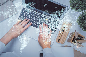 Poster - Double exposure of woman hands working on computer and social network theme hologram drawing. Top View. People connection concept.