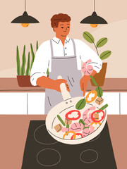 Wall Mural - Man cooking vegetables and shrimps, frying seafood on pan. Person in apron prepares, cooks home-made dinner on cooker in kitchen. Guy flipping, tossing food on skillet. Flat vector illustration