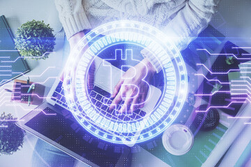 Poster - Double exposure of woman hands working on computer and blockchain theme hologram drawing. Top View. bitcoin cryptocurrency concept.