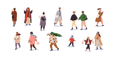 Poster - People going outdoors on winter holiday. Characters walking with shopping bags, Xmas fir tree, gifts on street at Christmas and New Year eve. Flat vector illustration isolated on white background