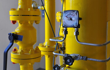 Closeup of pressure meter on natural gas pipeline