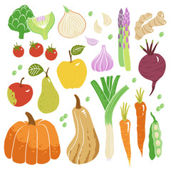 Wall Mural - lovely raw vegan concept illustration with fruits and vegetables. tasty apple, ginger, tomato, squas