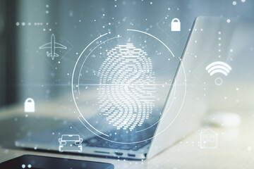 Poster - Multi exposure of creative fingerprint hologram on laptop background, personal biometric data concept