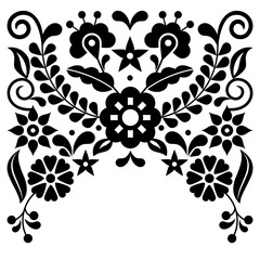 Fototapete - Mexican traditional folk art style vector black and white greeting card or invitation design with red and pink flowers, vibrant pattern inspired by embroidery from Mexico
 