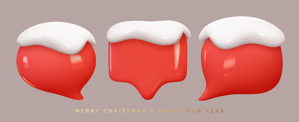 Aufkleber - Winter Speech bubbles with white snow. Christmas dialogue bubble text red color. Modern Realistic 3d design. The set is isolated. vector illustration