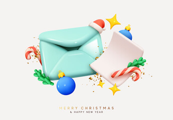 Poster - Merry Christmas and Happy New Year Holiday composition congratulatory letter and gretting invitation, postal letters to santa claus, blank white paper sheet for text. Vector illustration