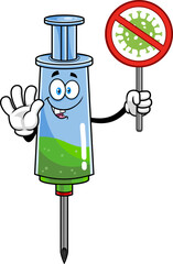 Wall Mural - Medical Syringe Vaccine Cartoon Character Holding A Stop Virus Sign. Hand Drawn Illustration Isolated On Transparent Background