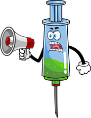 Wall Mural - Angry Medical Syringe Vaccine Cartoon Character Screaming Into Megaphone. Hand Drawn Illustration Isolated On Transparent Background