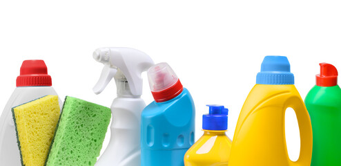 Wall Mural - Colorful bottles with Household cleaning product on white background, banner