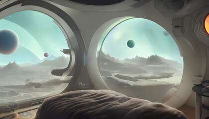 Wall Mural - futuristic bedroom on another planet, cosy room with round windows looking out to extraterrestrial landscape