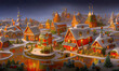 Christmas Santa Claus village at night, lights and decorations glowing. holiday digital matte painting