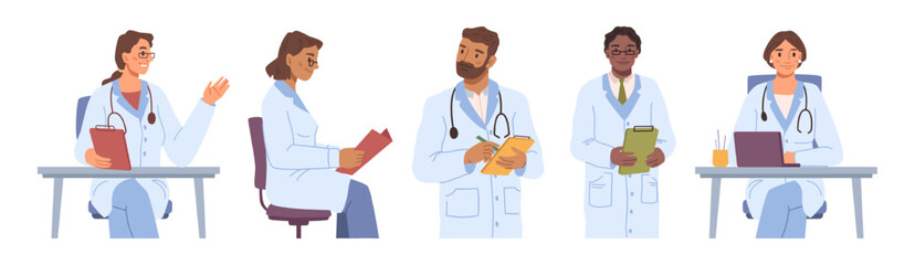 Team of doctors and medical workers wearing gowns. Professionals and specialists working in hospital or clinics. Flat cartoon character, vector in flat style