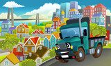 Fototapeta  - cartoon industrial truck through the city illustration
